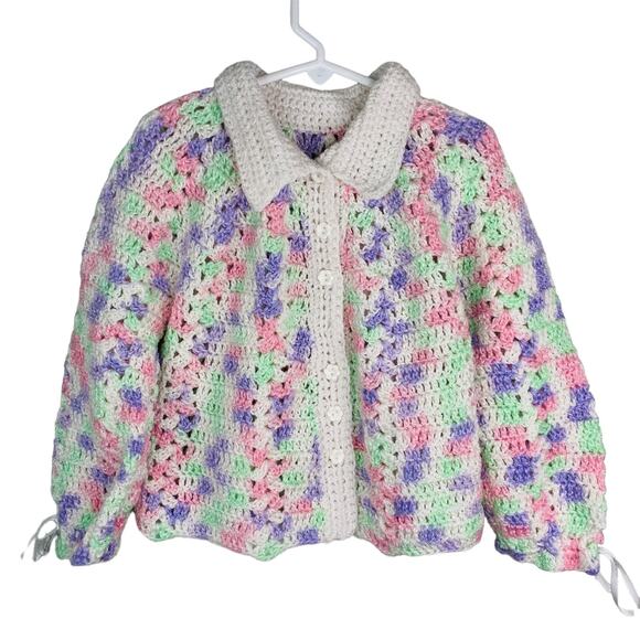Handmade Knitted Baby Jacket Sweater Flower Buttons Ribbons Long Sleeve - Picture 1 of 14